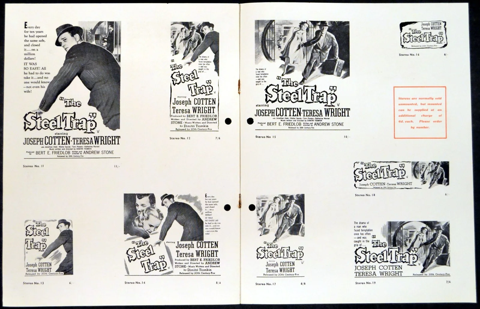 STEEL TRAP 1952 Joseph Cotten, Teresa Wright, Jonathan Hale UK CAMPAIGN BOOK, image 2