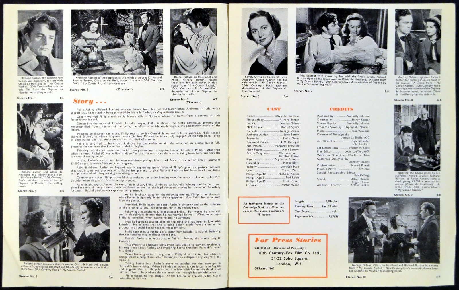 MY COUSIN RACHEL 1952 Olivia de Havilland, Richard Burton UK PRESSBOOK, изображение 3