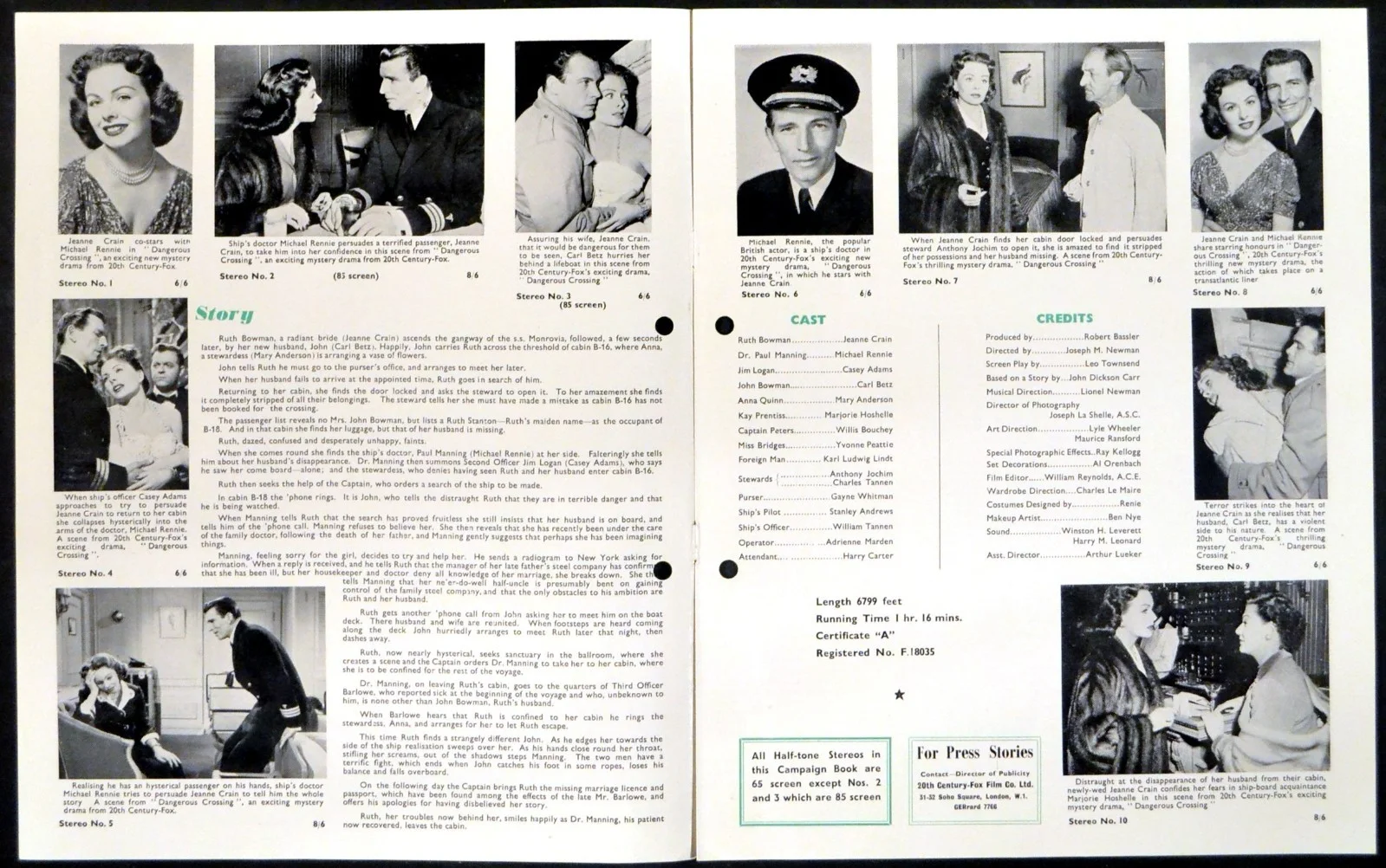 DANGEROUS CROSSING 1953 Jeanne Crain, Michael Rennie UK CAMPAIGN BOOK, изображение 2
