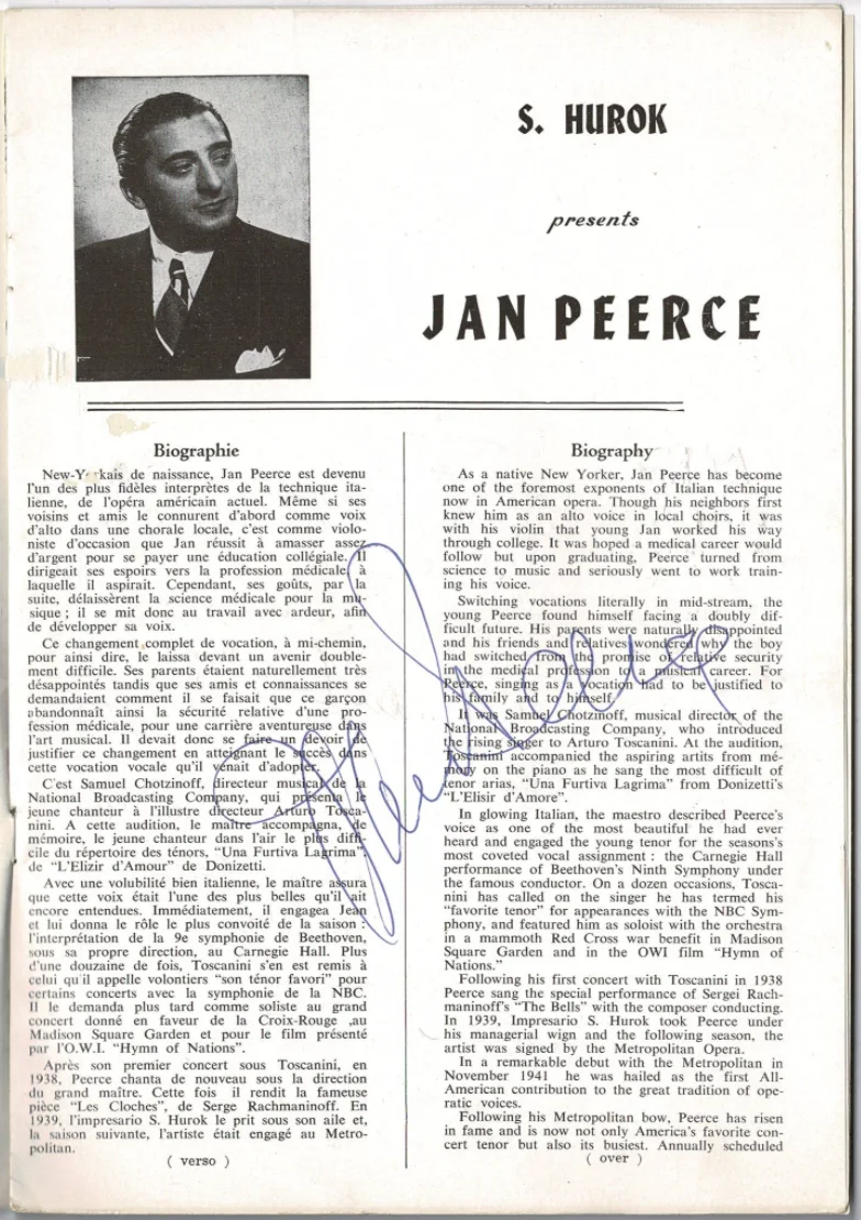 Jan Peerce American Opera Autographed Signed Program AMCo COA 18210, image 2