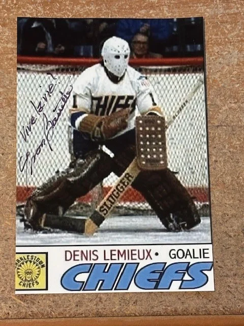 YVON BARRETTE — SLAP SHOT YVON BARRETTE SIGNED CHARLESTOWN CHIEFS SLAP SHOT 1977 DENIS LEMIUEX