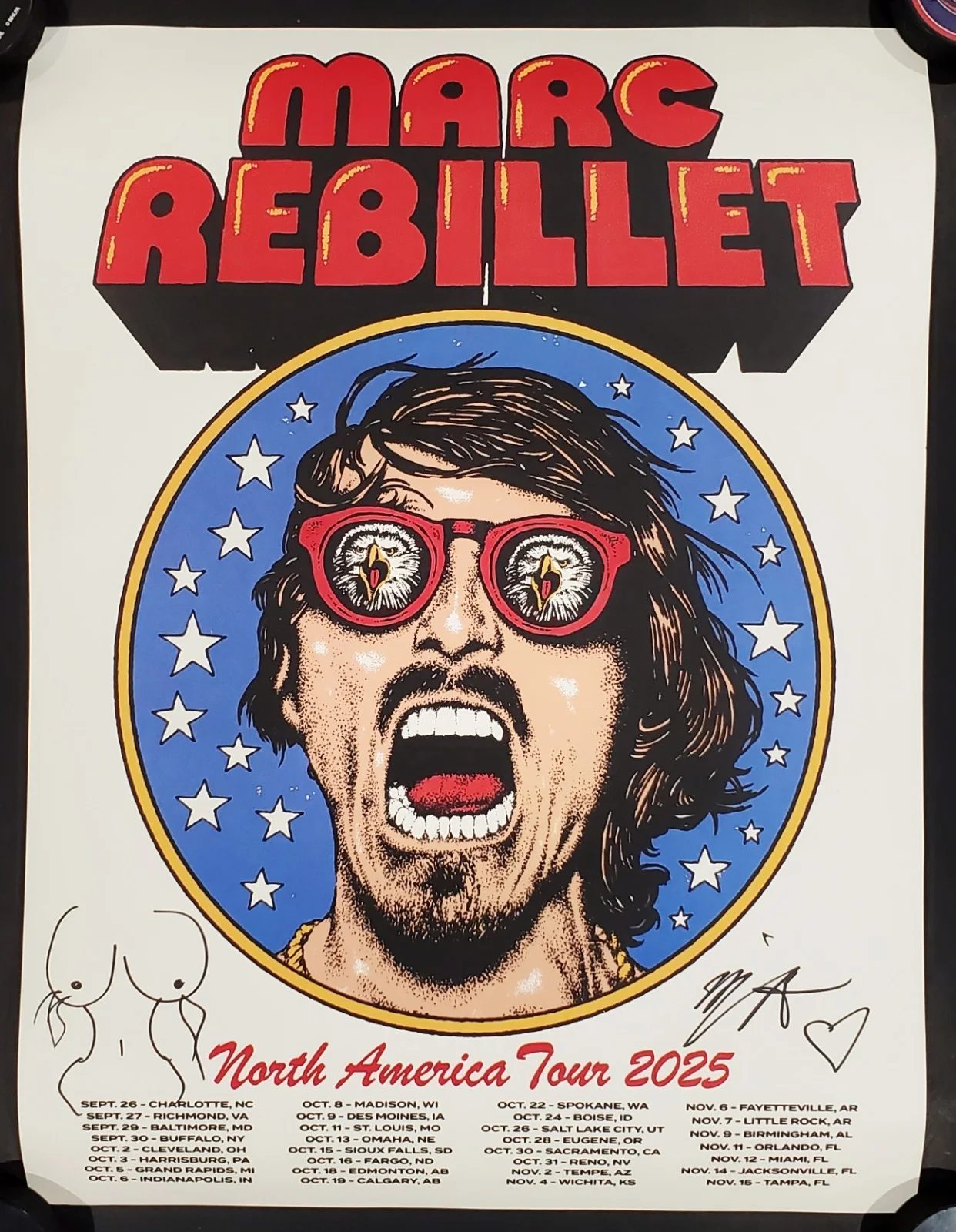 MARC REBILLET SIGNED 2025 NORTH AMERICAN CONCERT TOUR POSTER JSA CERT + SKETCH, изображение 2