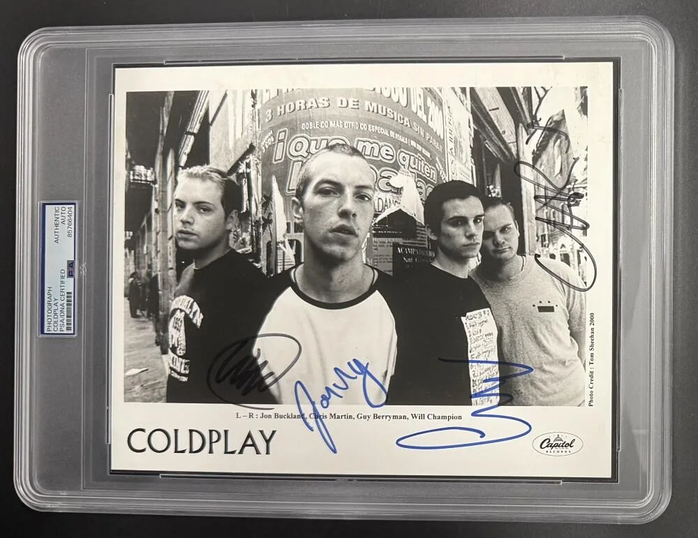 Chris Martin, Jonny Buckland, Guy Berryman, Will Champion — Coldplay Signed Autograph Full Promo PSA/DNA COA 8x10 Slab Photo Chris Martin F