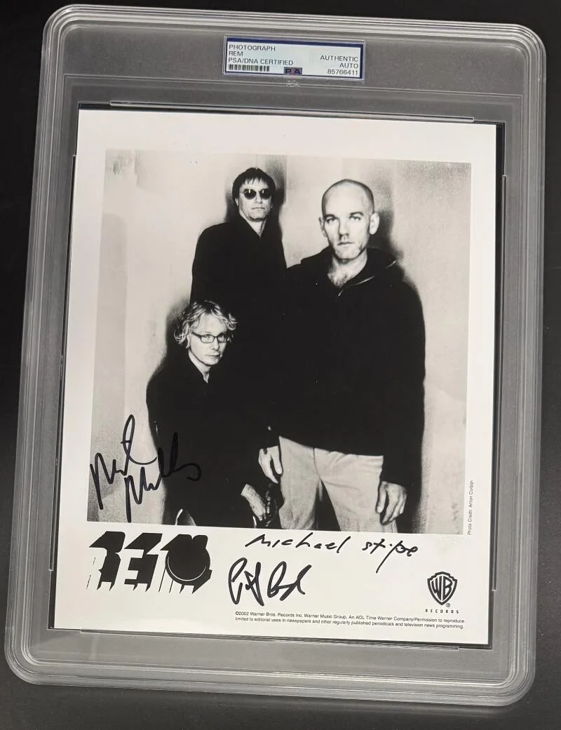 Peter Buck, Mike Mills, Michael Stipe — REM R.E.M. Signed Autograph Full Band Promo PSA/DNA COA 8x10 Slab Photo Stipe 3x
