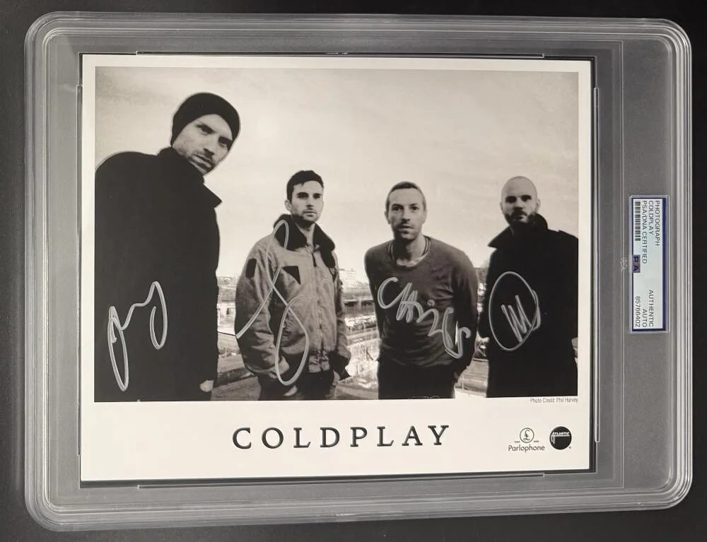 Chris Martin, Jonny Buckland, Guy Berryman, Will Champion — Coldplay Signed Autograph Full Promo PSA/DNA COA 8x10 Slab Photo Chris Martin E