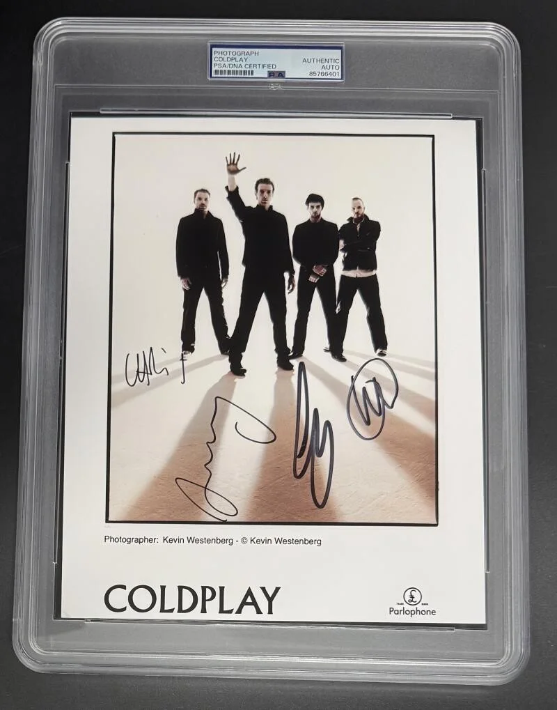 Chris Martin, Jonny Buckland, Guy Berryman, Will Champion — Coldplay Signed Autograph Full Promo PSA/DNA COA 8x10 Slab Photo Chris Martin D