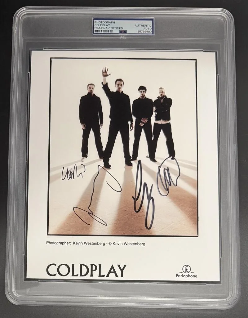 Chris Martin, Jonny Buckland, Guy Berryman, Will Champion — Coldplay Signed Autograph Full Promo PSA/DNA COA 8x10 Slab Photo Chris Martin C