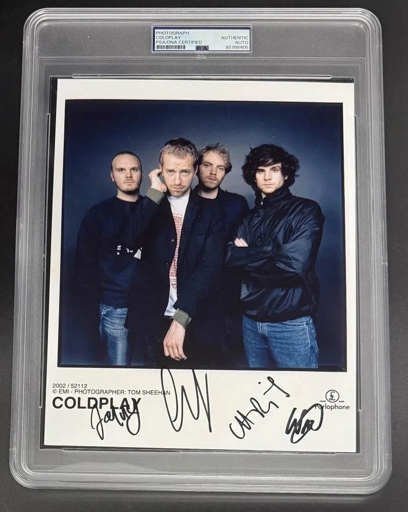 Chris Martin, Jonny Buckland, Guy Berryman, Will Champion — Coldplay Signed Autograph Full Promo PSA/DNA COA 8x10 Slab Photo Chris Martin A