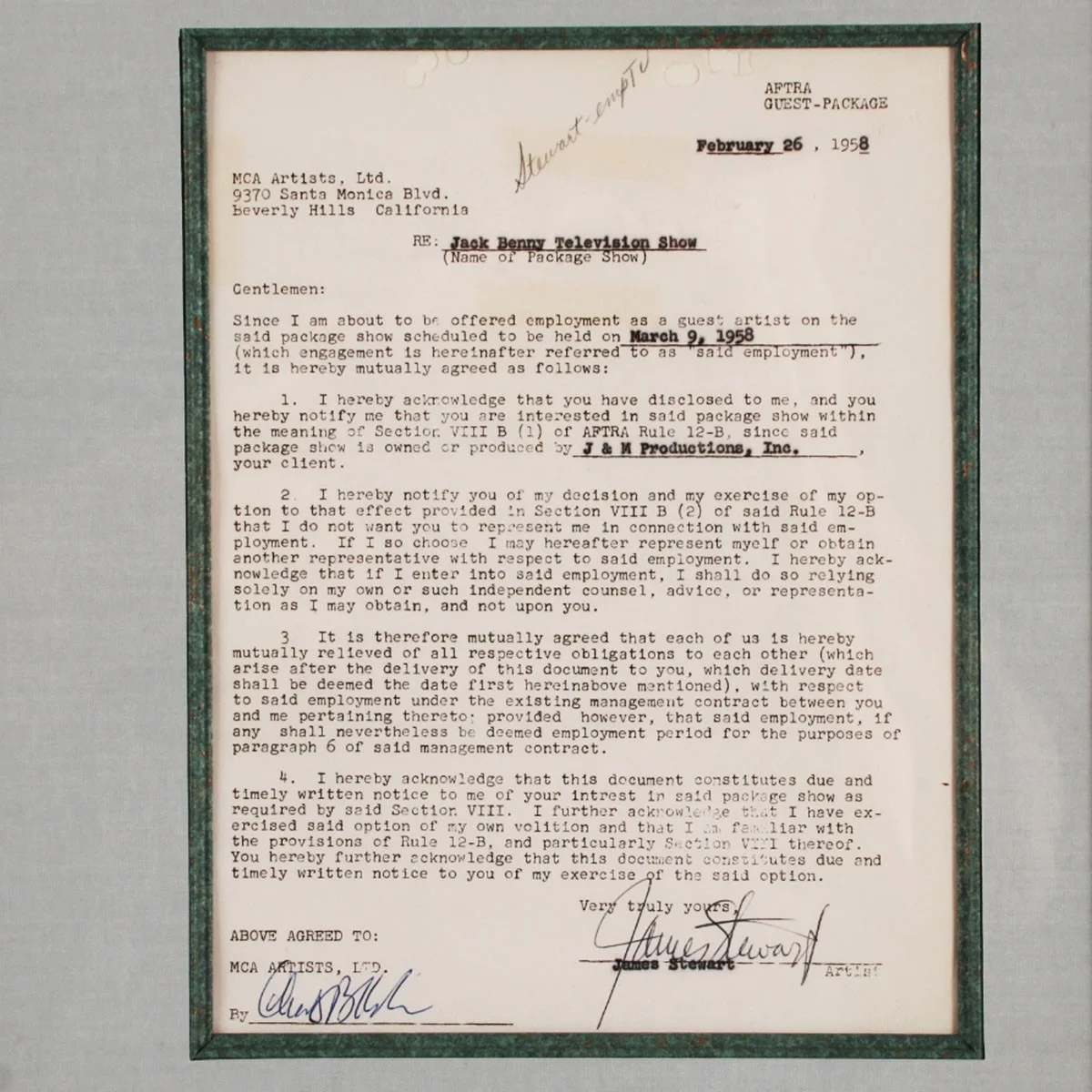 James Stewart Signed Contract & Photo Display Jack Benny Television Show- COA..., image 3