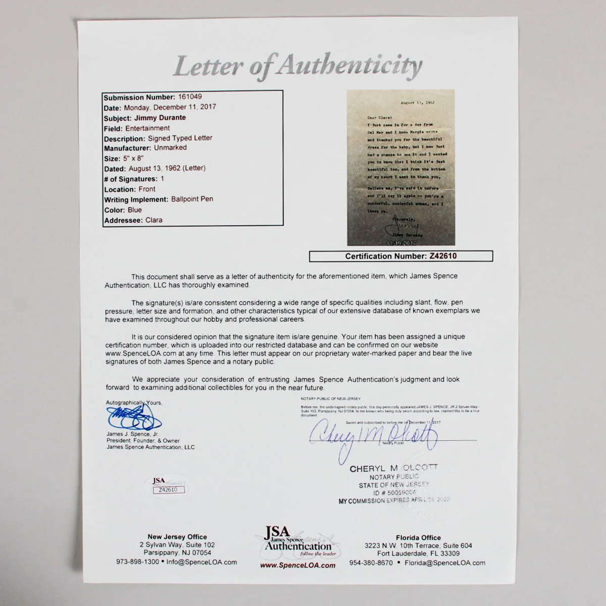 Jimmy Durante Signed Letter TLS - COA JSA, image 4