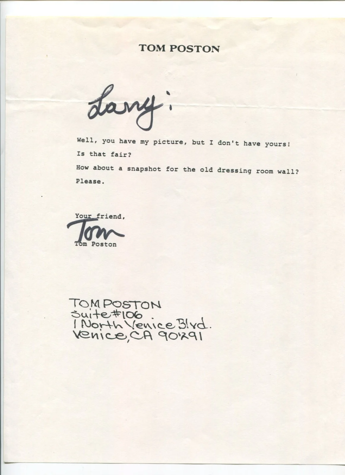 Tom Poston — Tom Poston Signed Letter Autographed Actor Signature Newhart