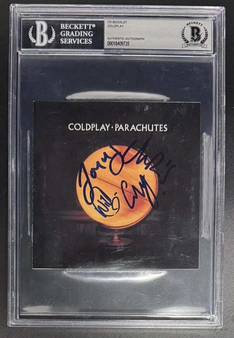 Chris Martin, Jonny Buckland, Guy Berryman and Will Champion — Coldplay Chris Martin Signed Autograph Beckett Slabbed Parachutes CD Cover COA