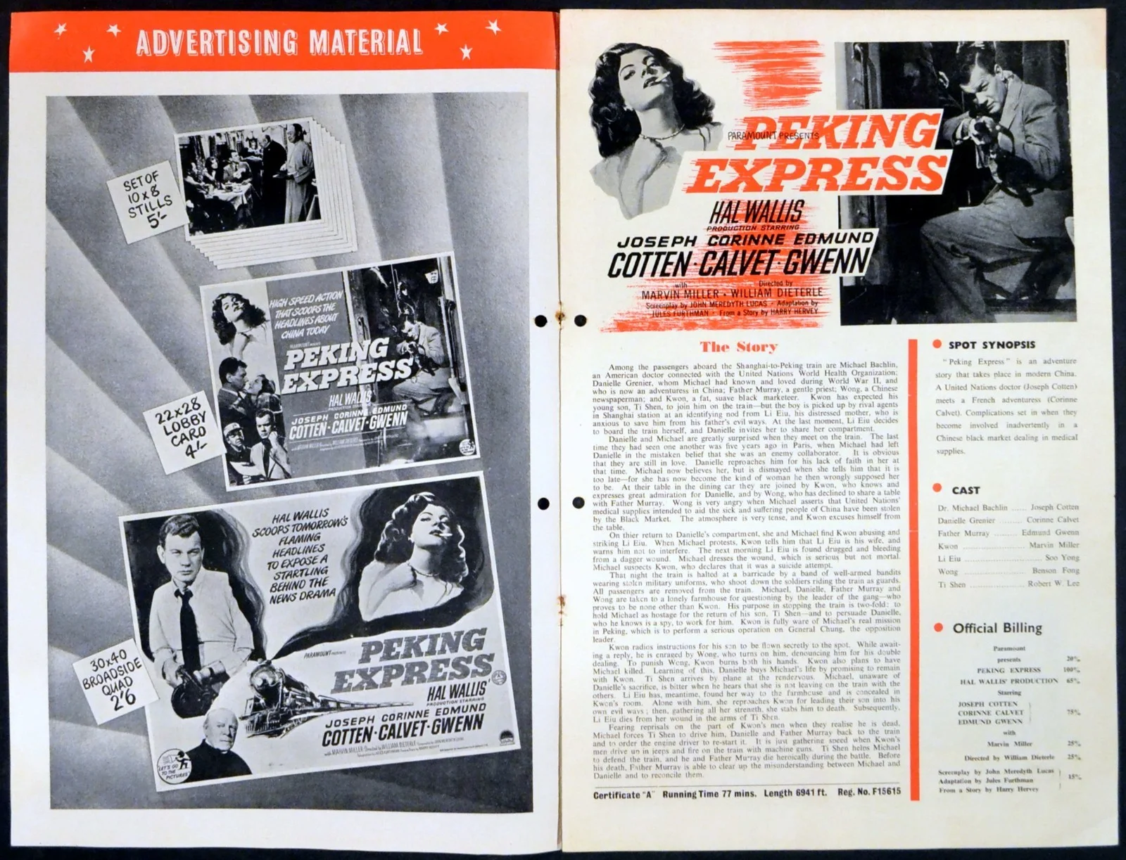 PEKING EXPRESS 1951 Joseph Cotten, Corinne Calvet, Edmund Gwenn UK PRESSBOOK, изображение 2