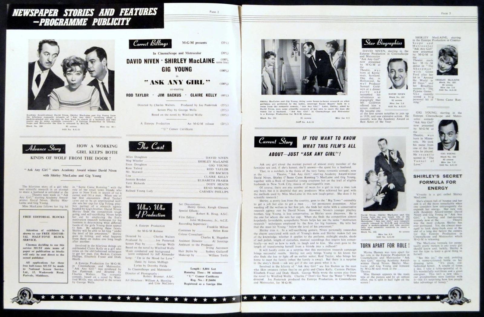 ASK ANY GIRL 1959 David Niven, Shirley MacLaine, Gig Young UK PRESSBOOK, изображение 2