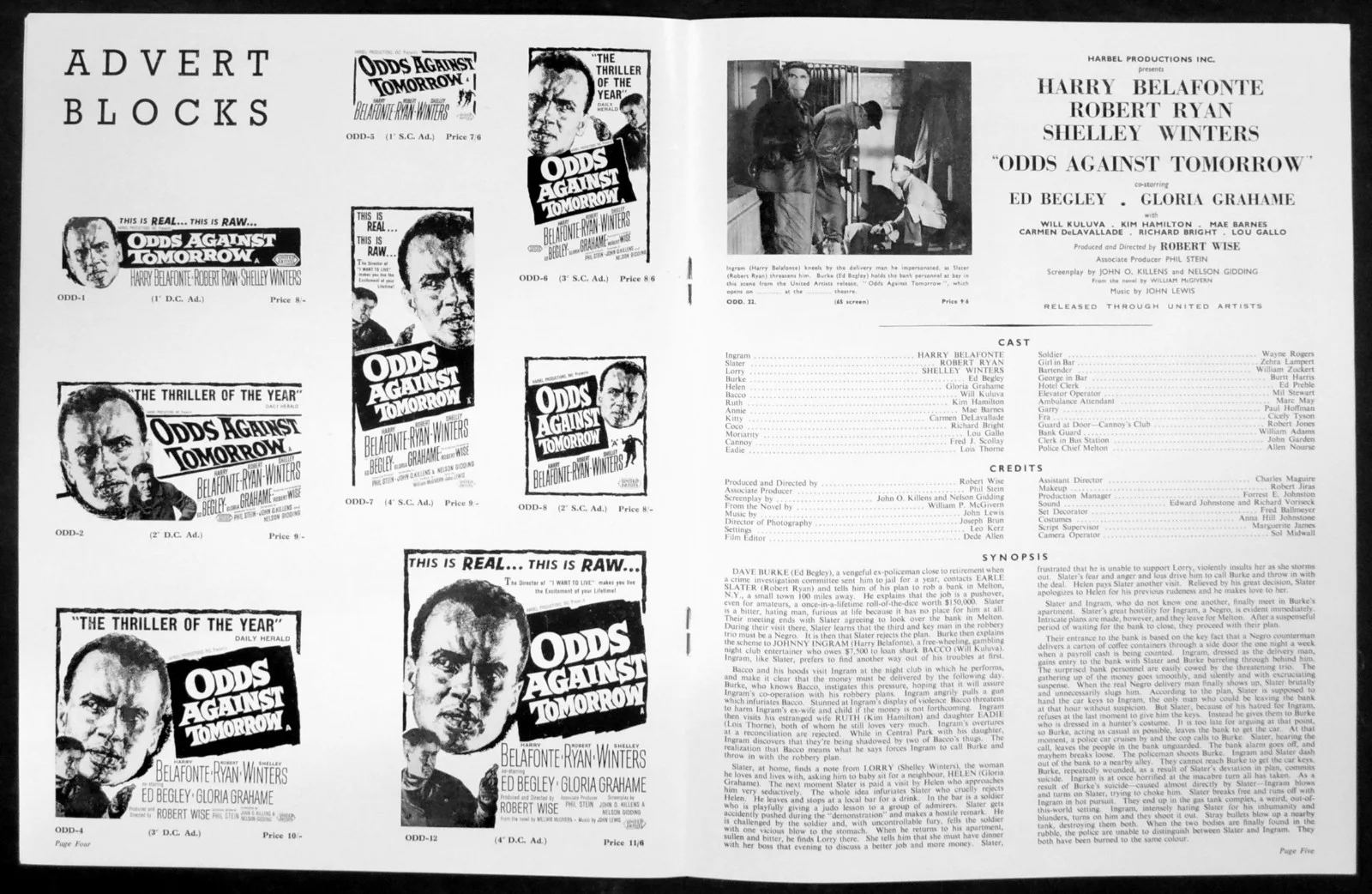 ODDS AGAINST TOMORROW 1959 Harry Belafonte, Robert Ryan UK CAMPAIGN BOOK, image 2