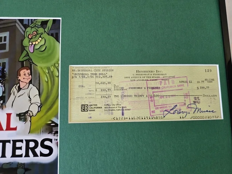 Real Ghostbusters Lorenzo Music Signed Check and Photo Display Framed 12x18, изображение 2
