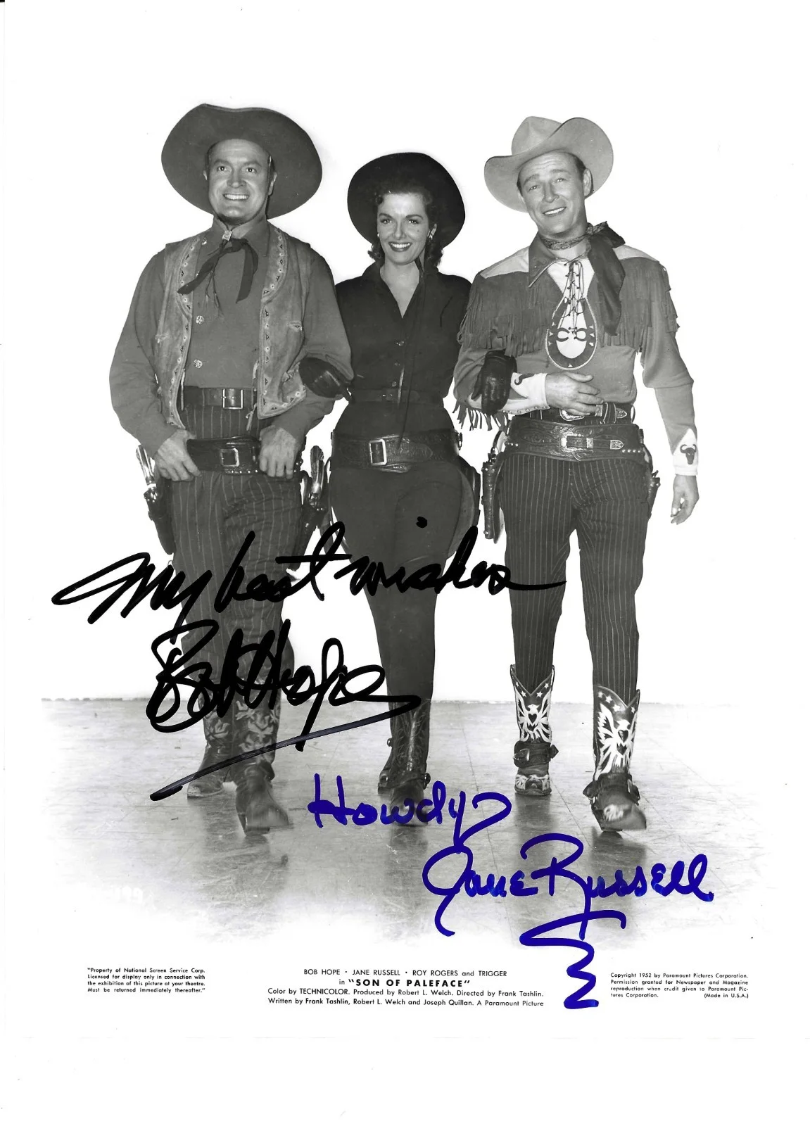 Bob Hope, Jane Russell — SON OF PALEFACE Bob Hope & Jane Russell Signed shown with Roy Rogers /UACC COA