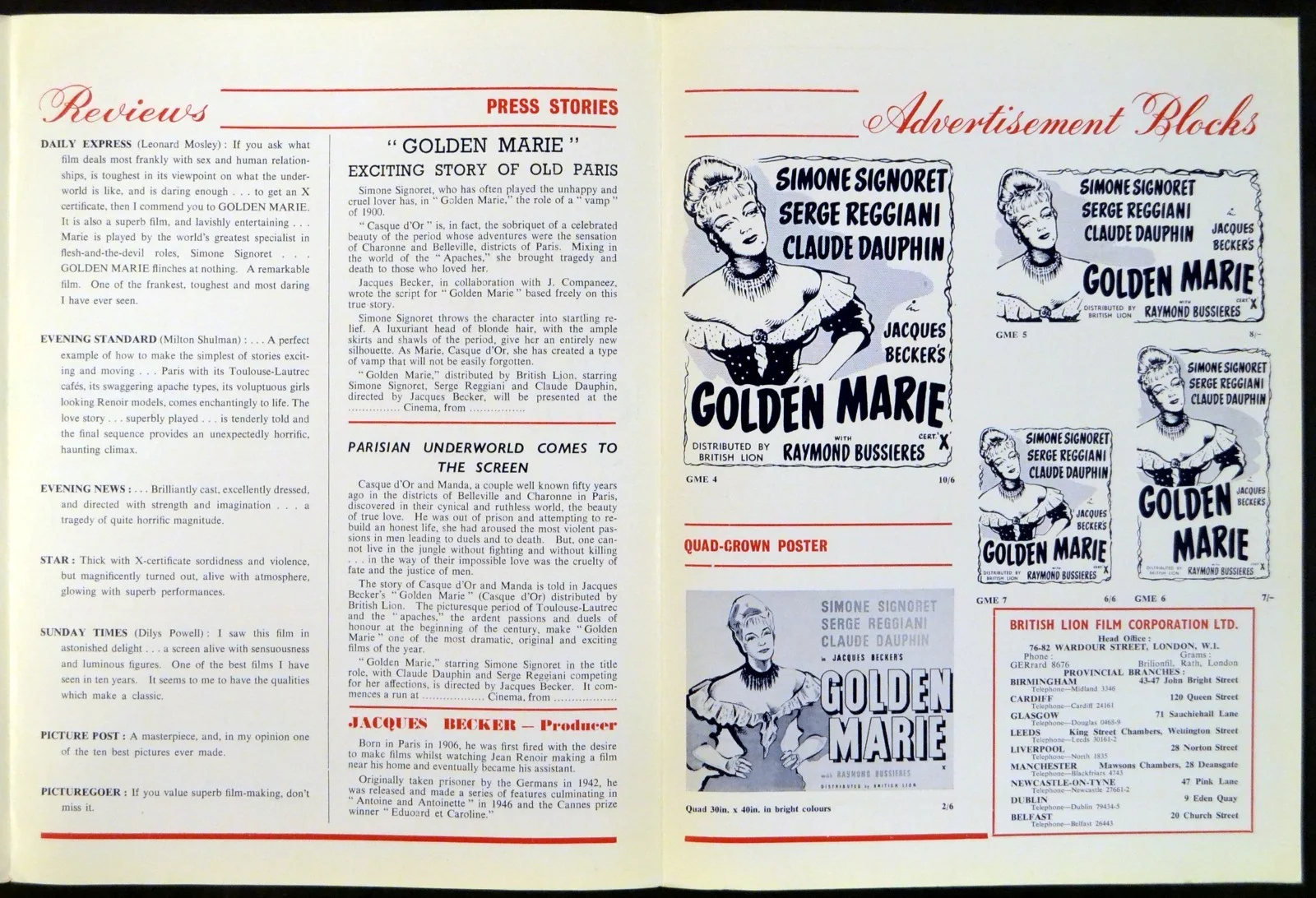 GOLDEN MARIE 1952 Simone Signoret, Serge Reggiani, Claude Dauphin UK PRESSBOOK, изображение 4