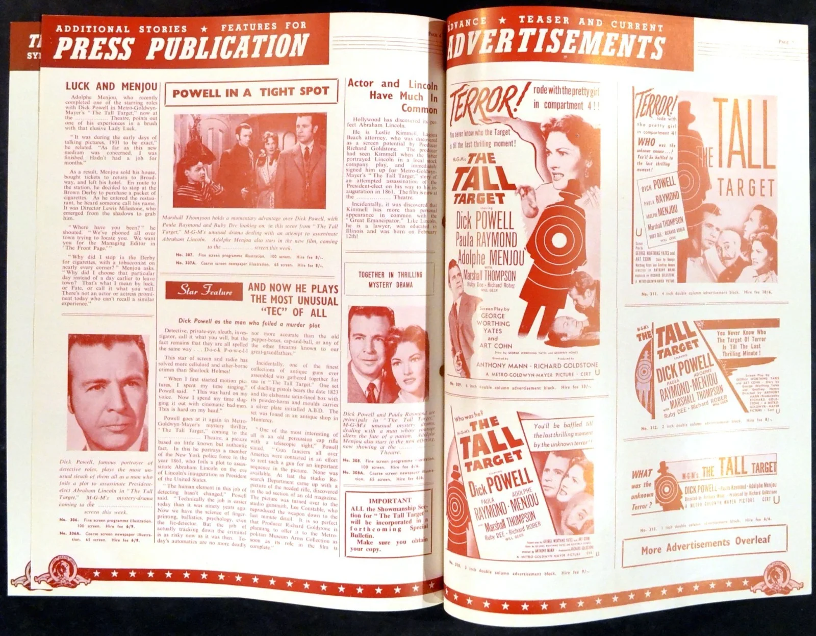 TALL TARGET 1951 Dick Powell, Paula Raymond, Adolphe Menjou UK PRESSBOOK, изображение 2