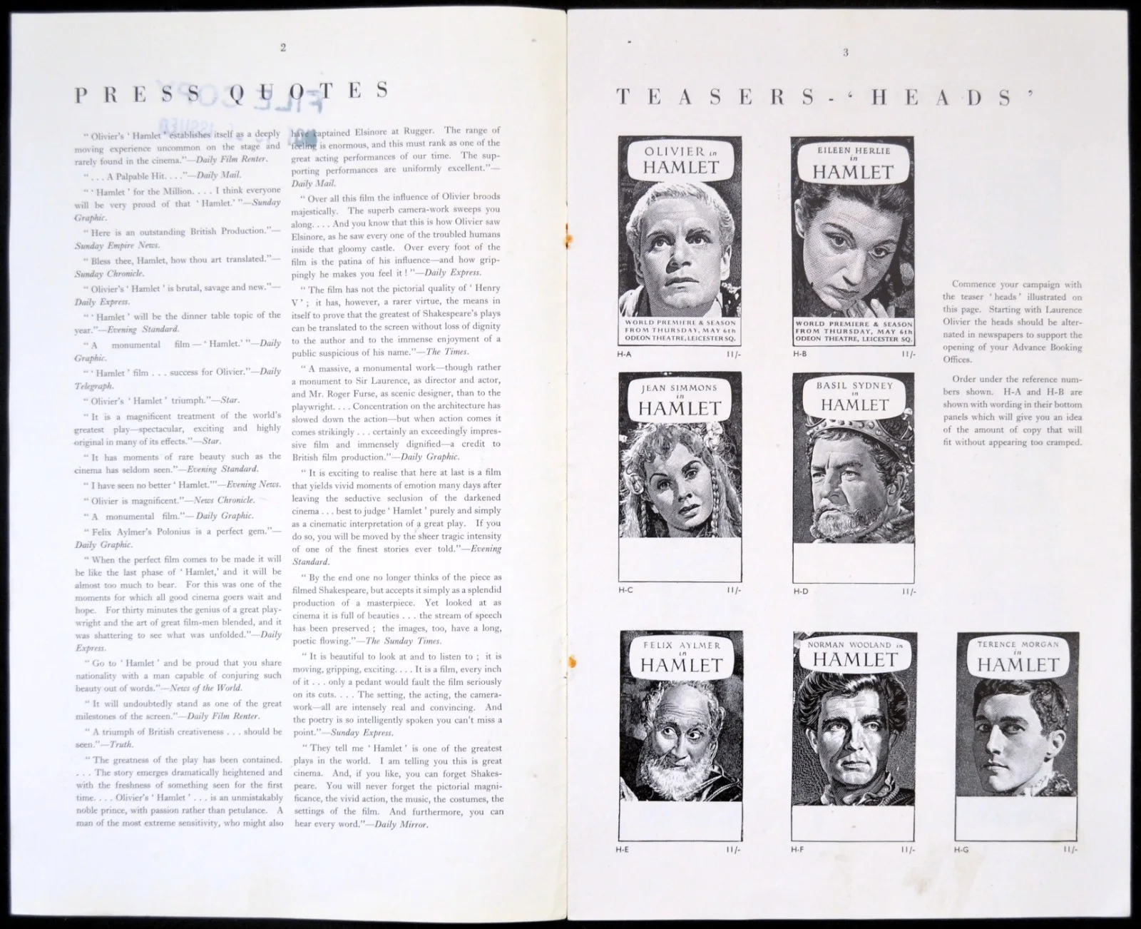 HAMLET 1948 Laurence Olivier, Jean Simmons William Shakespeare UK PRESSBOOK, изображение 2
