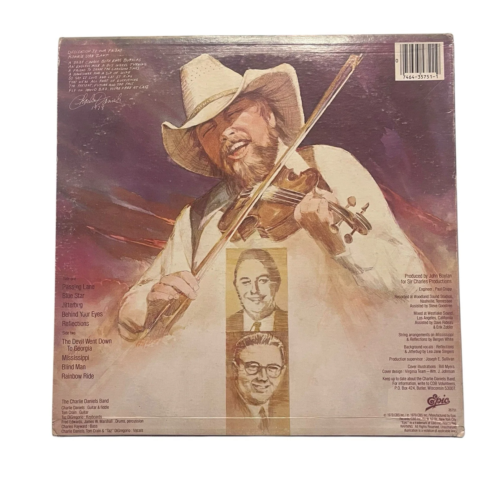Charlie Daniels Signed Autographed Million Mile Reflections Vinyl Record, image 3