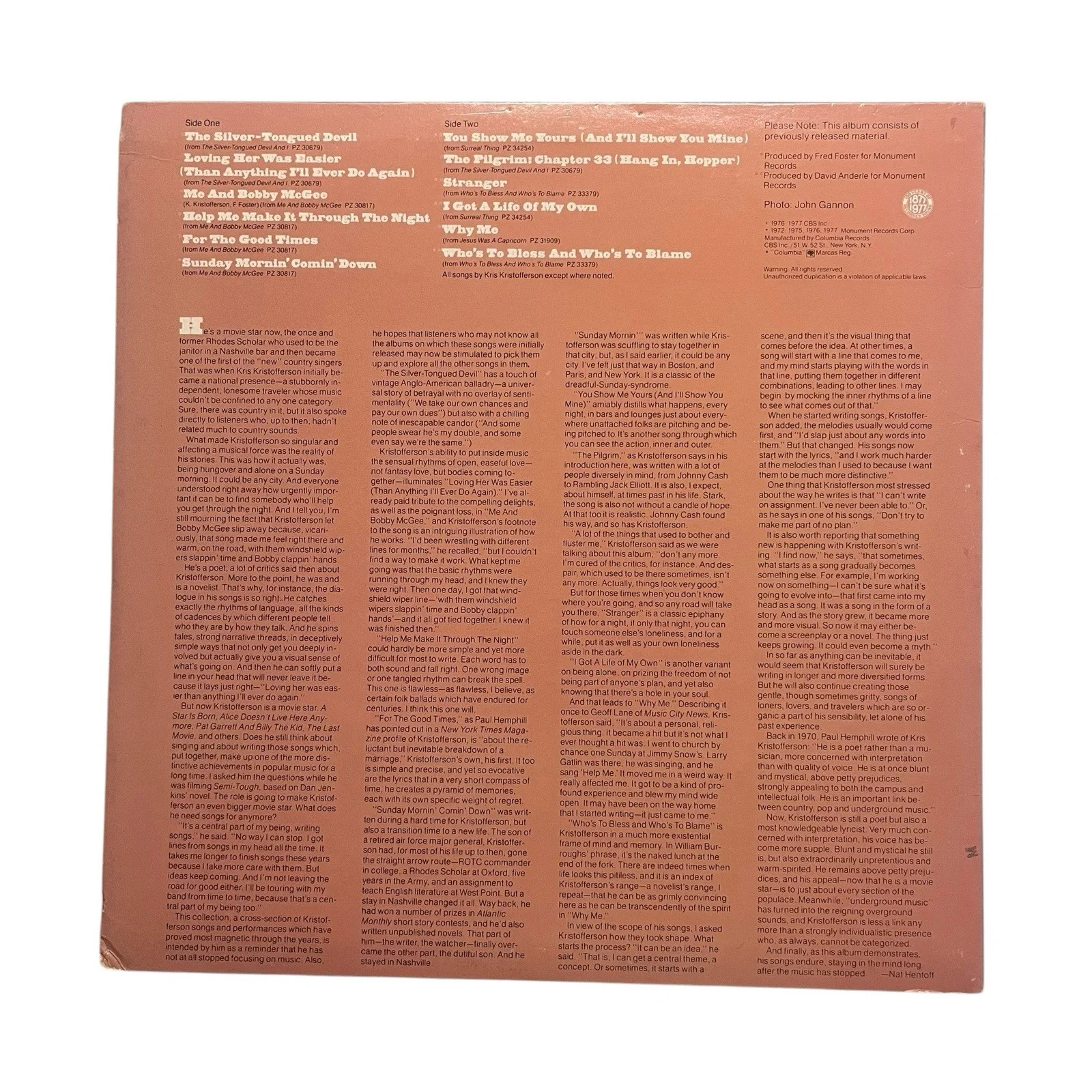 Kris Kristofferson Signed Autographed Songs Of Kristofferson Vinyl Record, изображение 3