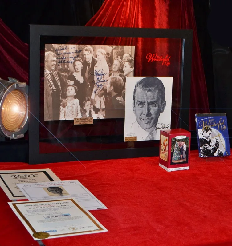 JIMMY STEWART, KAROLYN GRIMES — JIMMY STEWART & ZUZU Signed IT'S A WONDERFUL LIFE, COA DVD, Ornament, UACC Frame