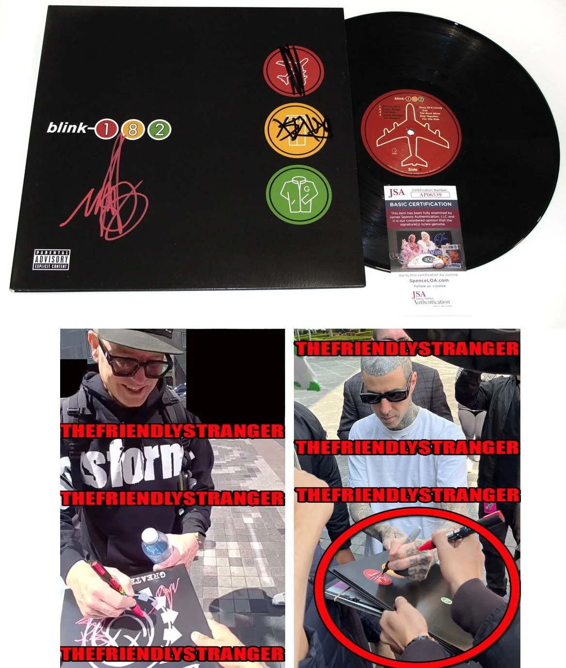 MARK HOPPUS & TRAVIS BARKER - BLINK 182 — MARK HOPPUS & TRAVIS BARKER signed BLINK 182 "TAKE OFF" VINYL ALBUM Ex Proof JSA