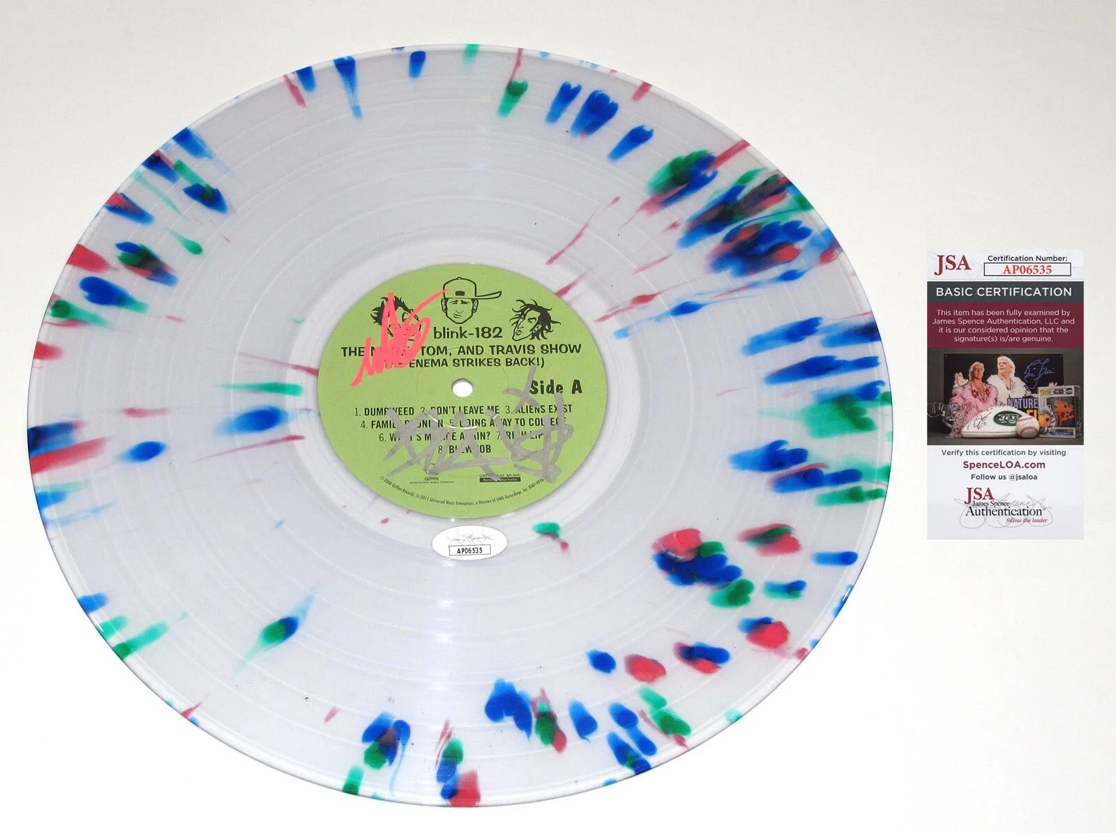 MARK HOPPUS, TRAVIS BARKER - BLINK 182 — TRAVIS BARKER & MARK HOPPUS signed "BLINK 182" VINYL RECORD Exact Proof JSA Rare, image 5