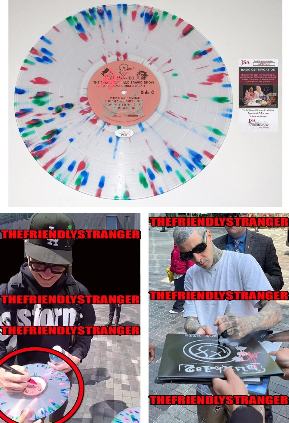 MARK HOPPUS & TRAVIS BARKER - BLINK 182 — MARK HOPPUS & TRAVIS BARKER signed "BLINK 182" VINYL RECORD Exact Proof JSA Rare