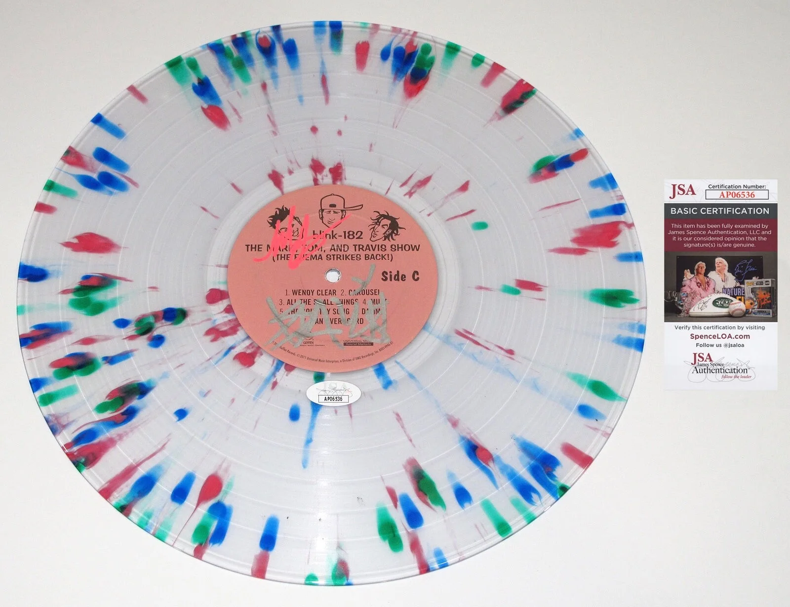 MARK HOPPUS, TRAVIS BARKER - BLINK 182 — MARK HOPPUS & TRAVIS BARKER signed "BLINK 182" VINYL RECORD Exact Proof JSA Rare, изображение 5