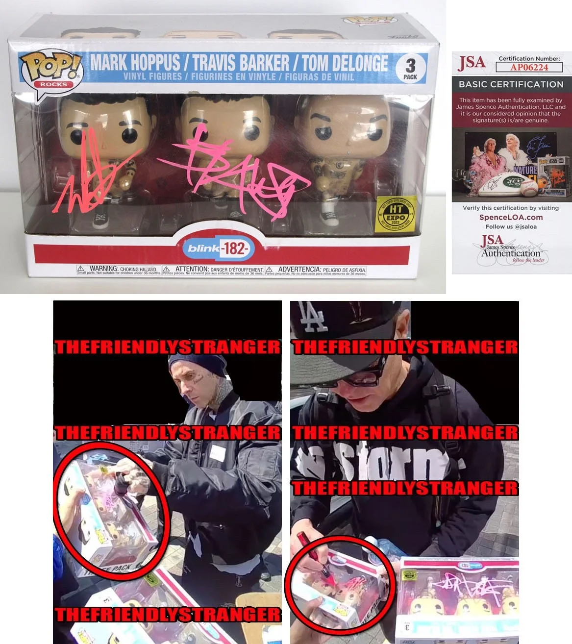 MARK HOPPUS & TRAVIS BARKER - BLINK 182 — Mark Hoppus & Travis Barker signed "BLINK 182" Funko Pop RARE Exct Proof JSA COA