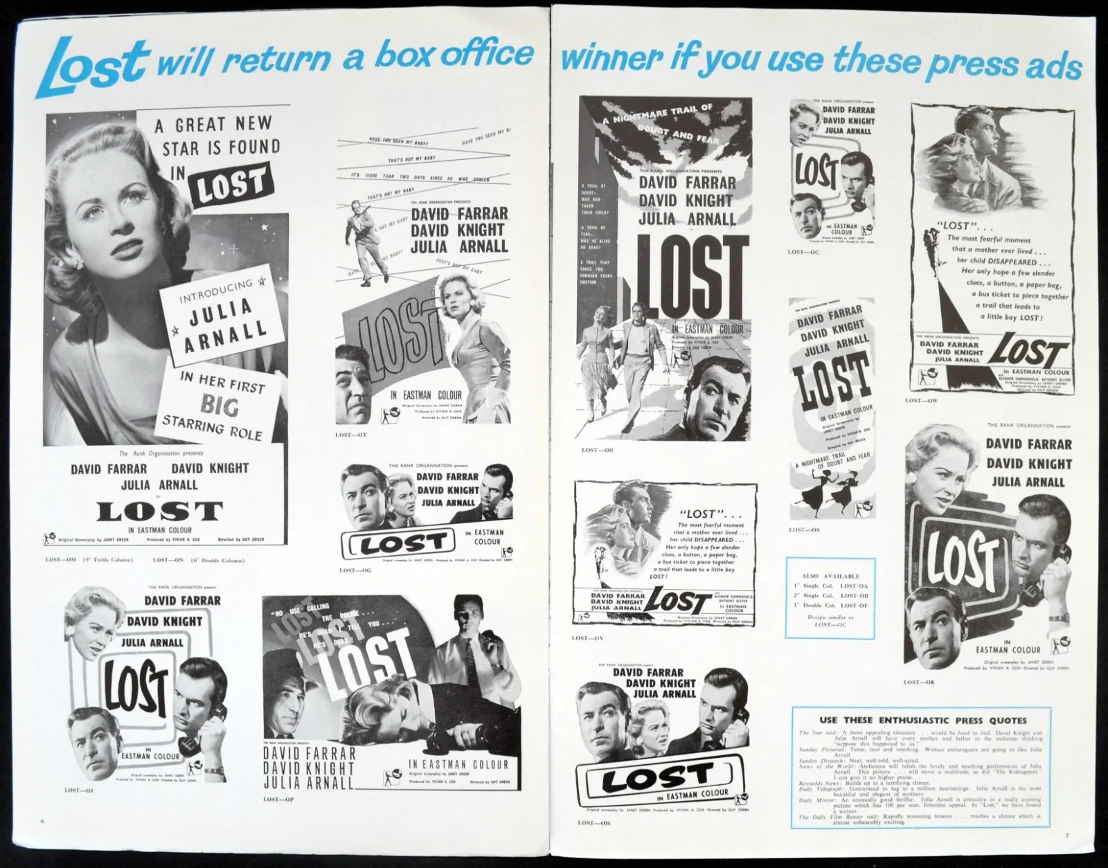 LOST 1956 David Farrar, David Knight, Julia Arnall, Thora Hird UK PRESSBOOK, image 4