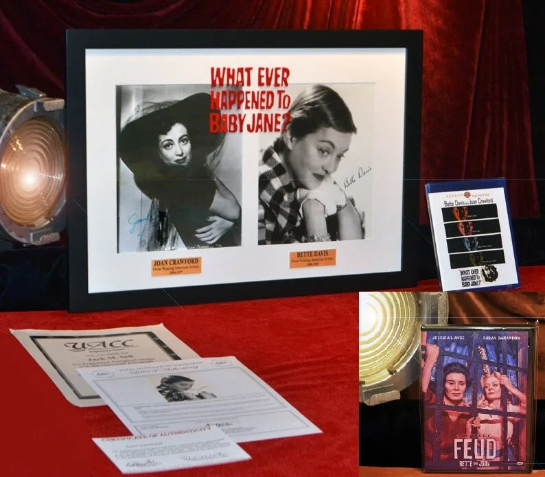 JOAN CRAWFORD & BETTE DAVIS — BETTE DAVIS & JOAN CRAWFORD " FEUD DVD " SIGNED AUTOGRAPHS, COA Frame