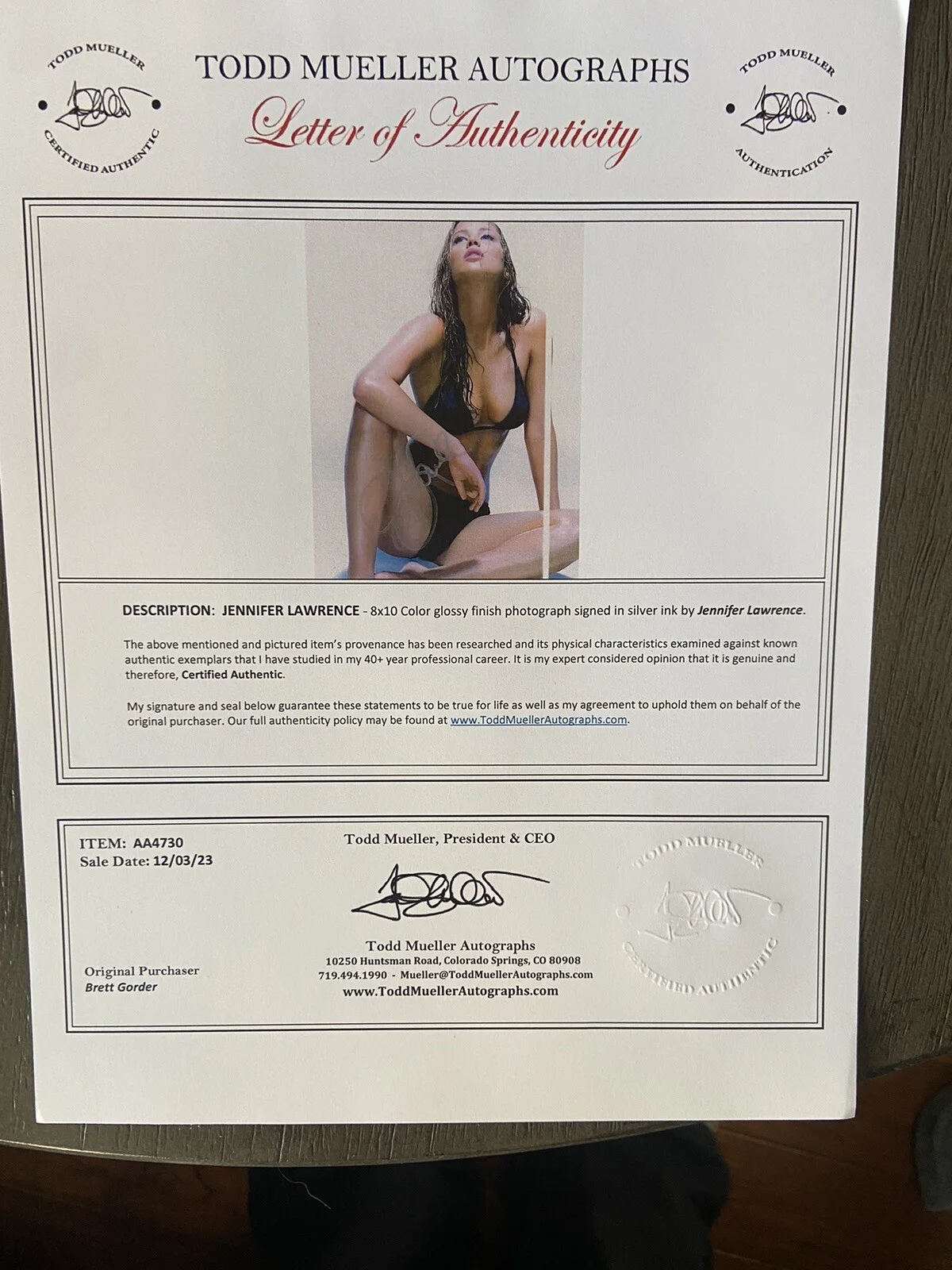 Jennifer Lawrence Autographed Signed 8x10 Authentic Letter Of Authenticity, изображение 2