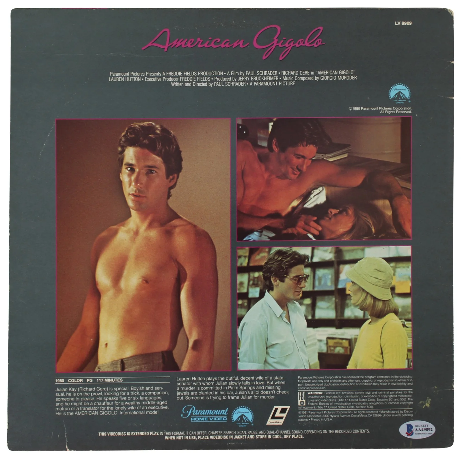 Richard Gere — Richard Gere Signed American Gigolo Laserdisc Cover w/o Disk BAS #AA49892, изображение 3