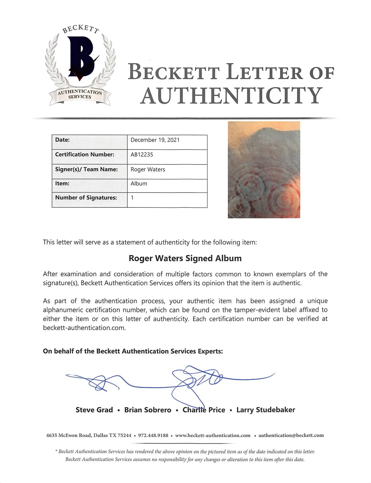 Roger Waters — Roger Waters Pink Floyd Authentic Signed Meddle Album Cover BAS #AB12235, изображение 4