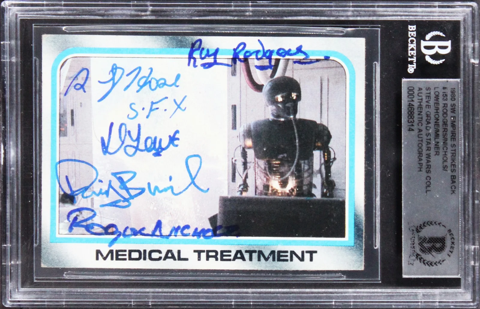 Roy Rodgers, Roger Nichols, Dennis Lowe, Ron Hone, Digby Milner — Star Wars (5) Nichols, Lowe, Hone, +2 Signed 1980 SW ESB #153 Card BAS Slabbed