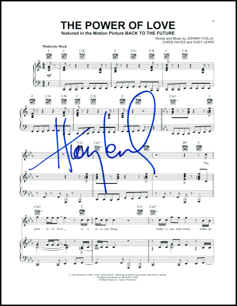 Huey Lewis — Huey Lewis Signed Autograph The Power of Love - Back to the Future Sheet Music