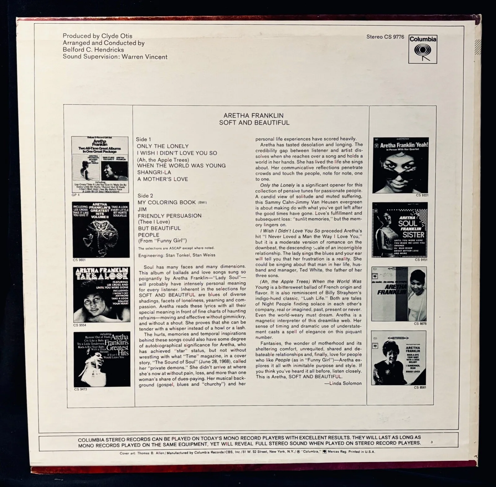 ARETHA FRANKLIN Signed SOFT AND BEAUTIFUL Promo Album w/Timing Strip~Near Mint!, изображение 3