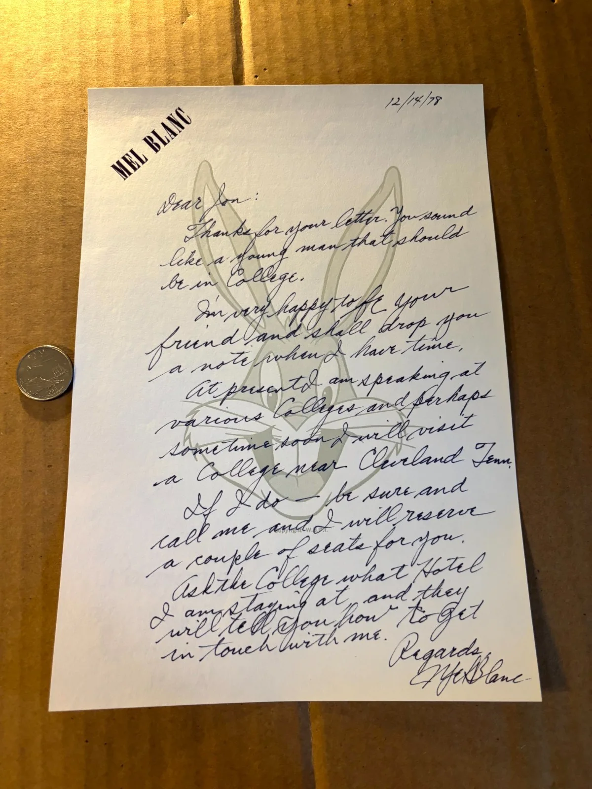Mel Blanc Terrific Rare Autographed Handwritten Letter 1978 Bugs Bunny, image 2