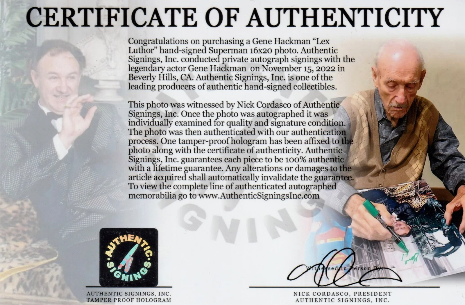 Gene Hackman — Gene Hackman "Lex Luthor" Autographed SUPERMAN 16x20 Photo w/ Reeve ASI Proof, изображение 2