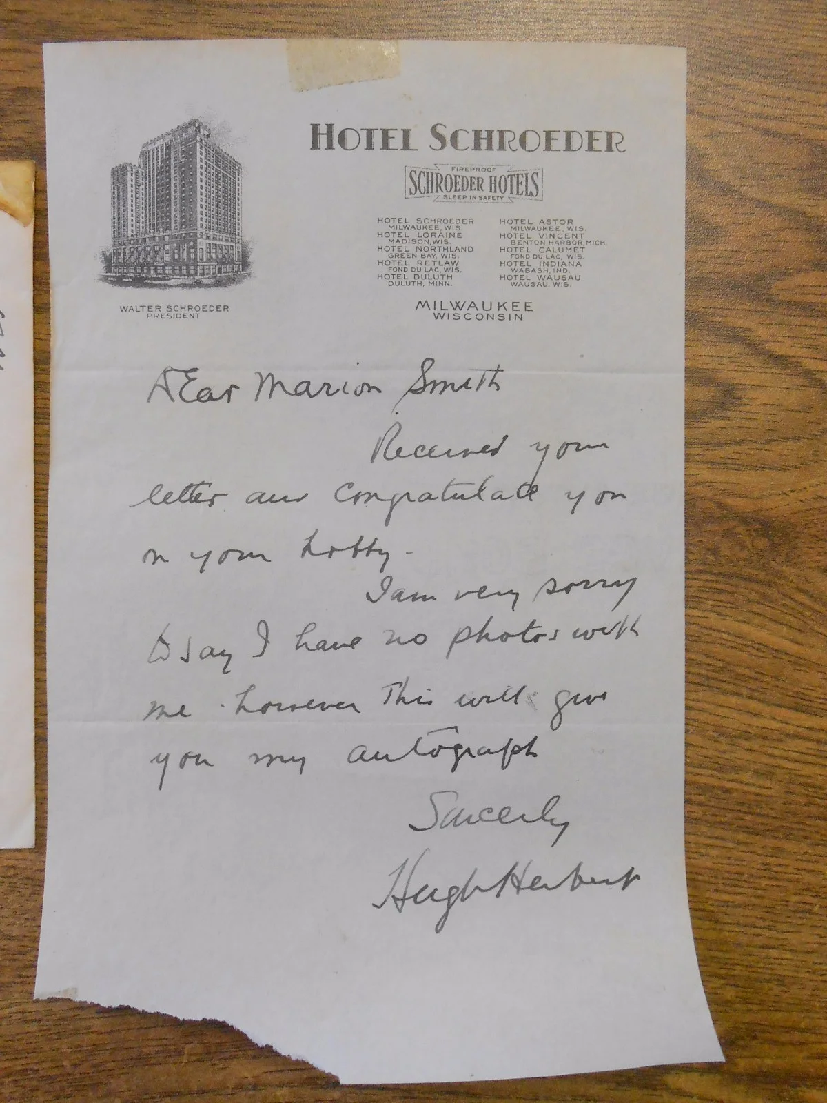 Original Handwritten Signed Letter & Envelope Hugh Herbert Hotel Schroeder Paper, image 3