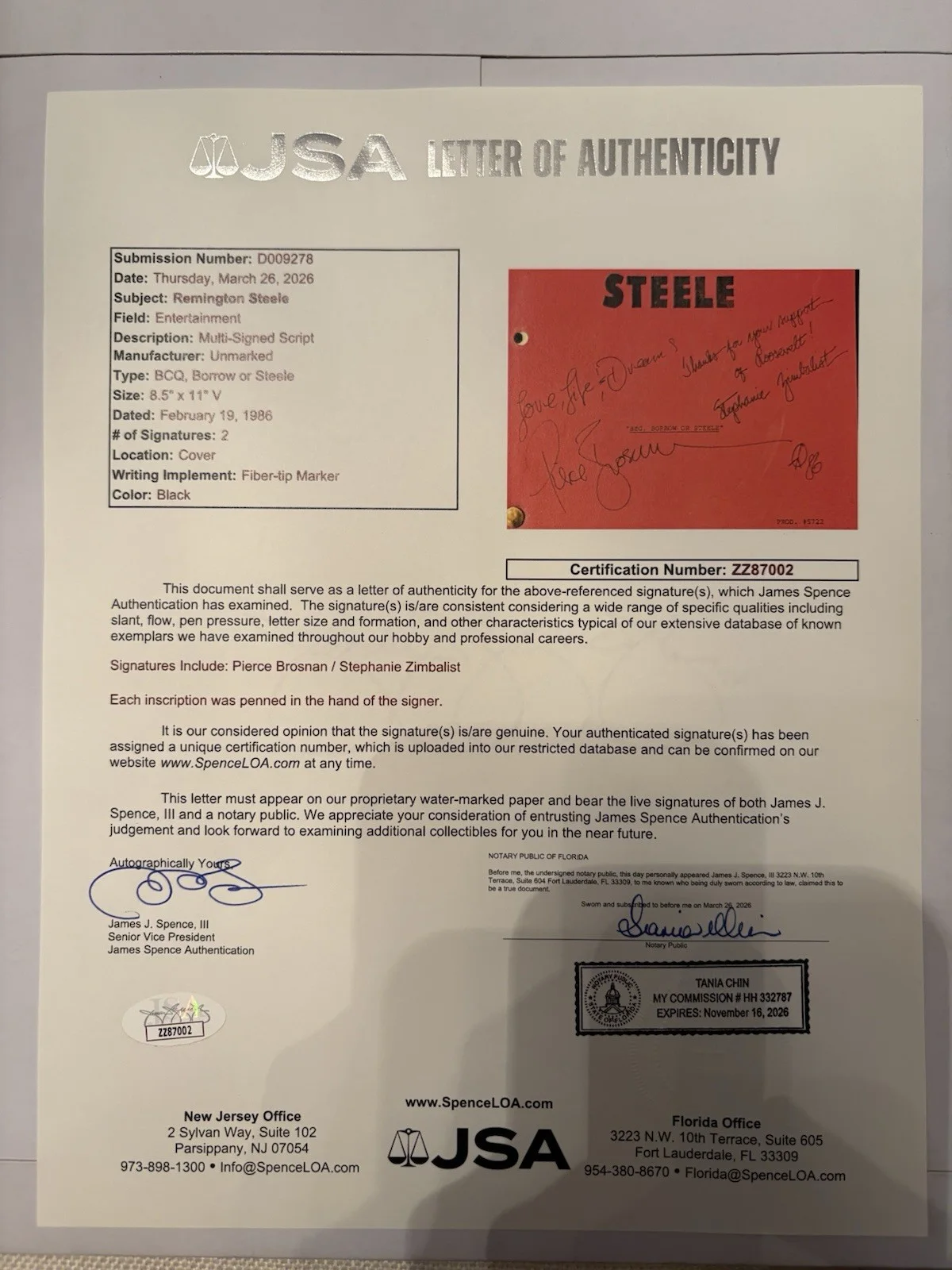 Remington Steele “Beg, Borrow or Steele” Script SIGNED - JSA LOA, изображение 4