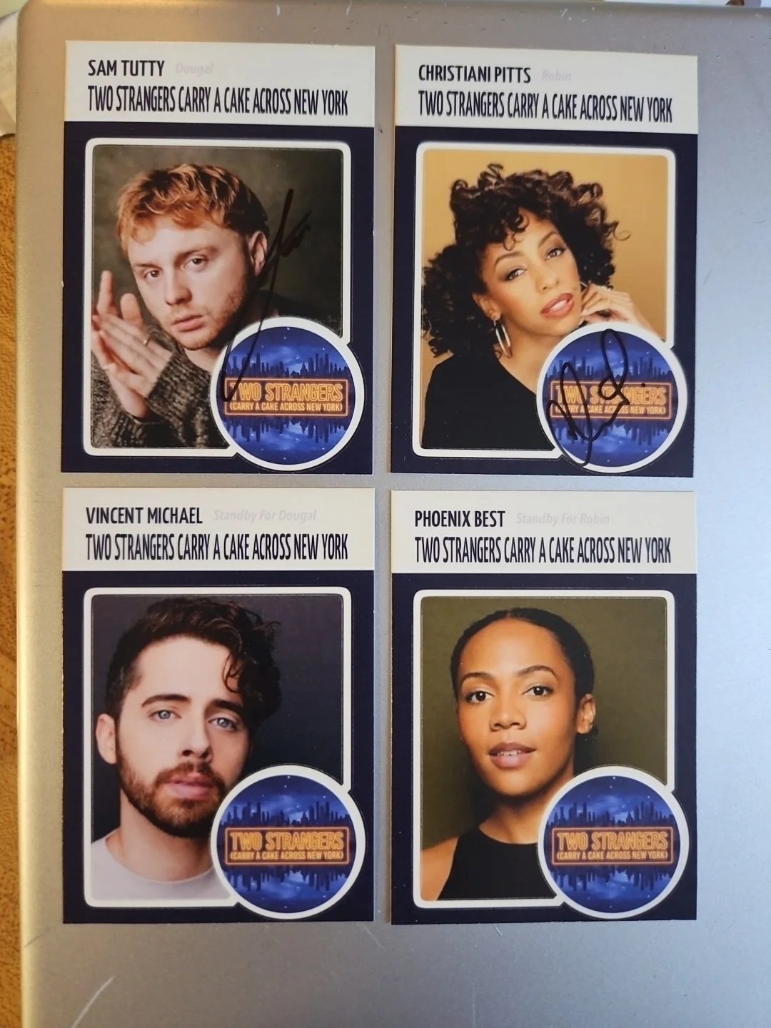 Sam Tutty, Christiani Pitts — Two Strangers Carry A Cake Across New York Signed Custom Cards 4 Cards- 2 Signed
