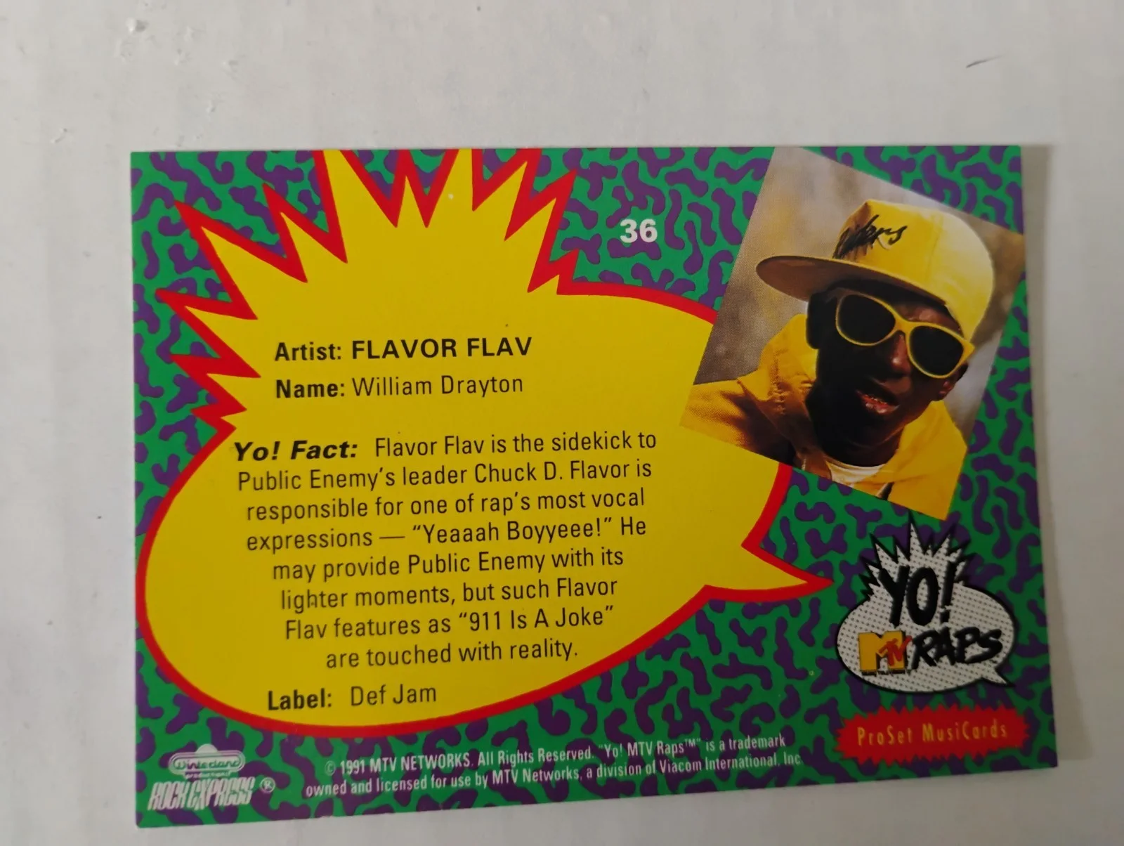 FLAVOR FLAV SIGNED ORIGINAL VINTAGE PRO SET YO! MTV RAP TRADING CARD PROOF RARE, image 2