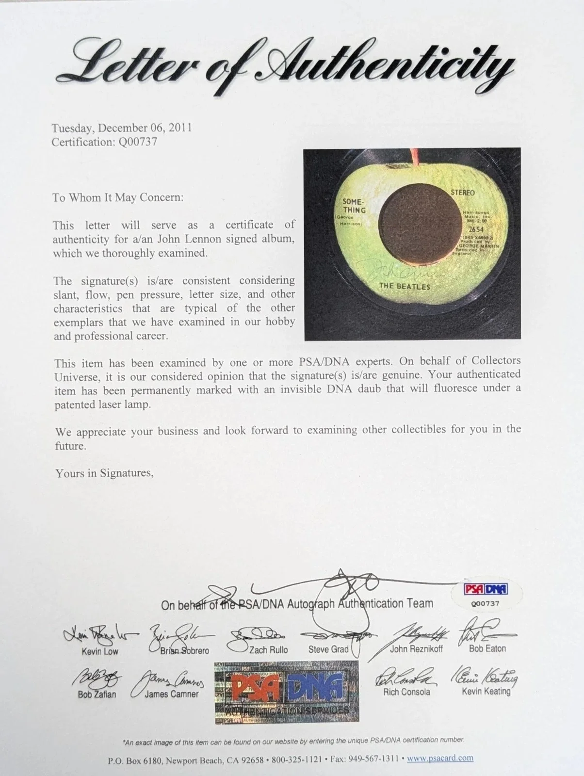 John Lennon Signed The Beatles Come Together 45 Album Record EP PSA/DNA, image 4