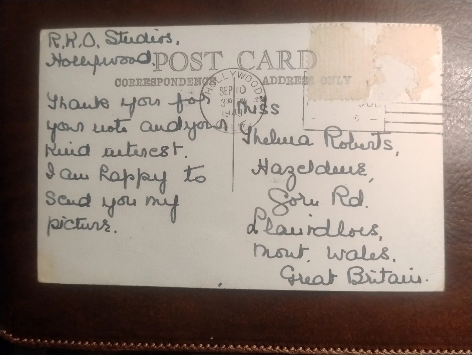 Gloria Grahame — Gloria Grahame Autographed RKO studios Postcard Hand Written Content 1949 Unique, image 2