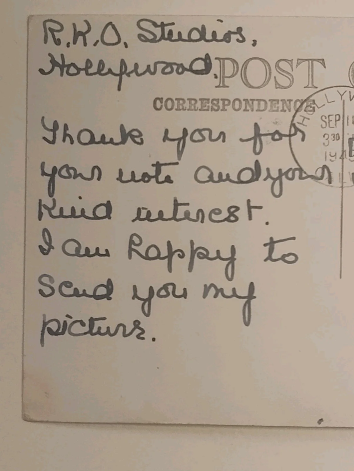 Gloria Grahame — Gloria Grahame Autographed RKO studios Postcard Hand Written Content 1949 Unique, image 4