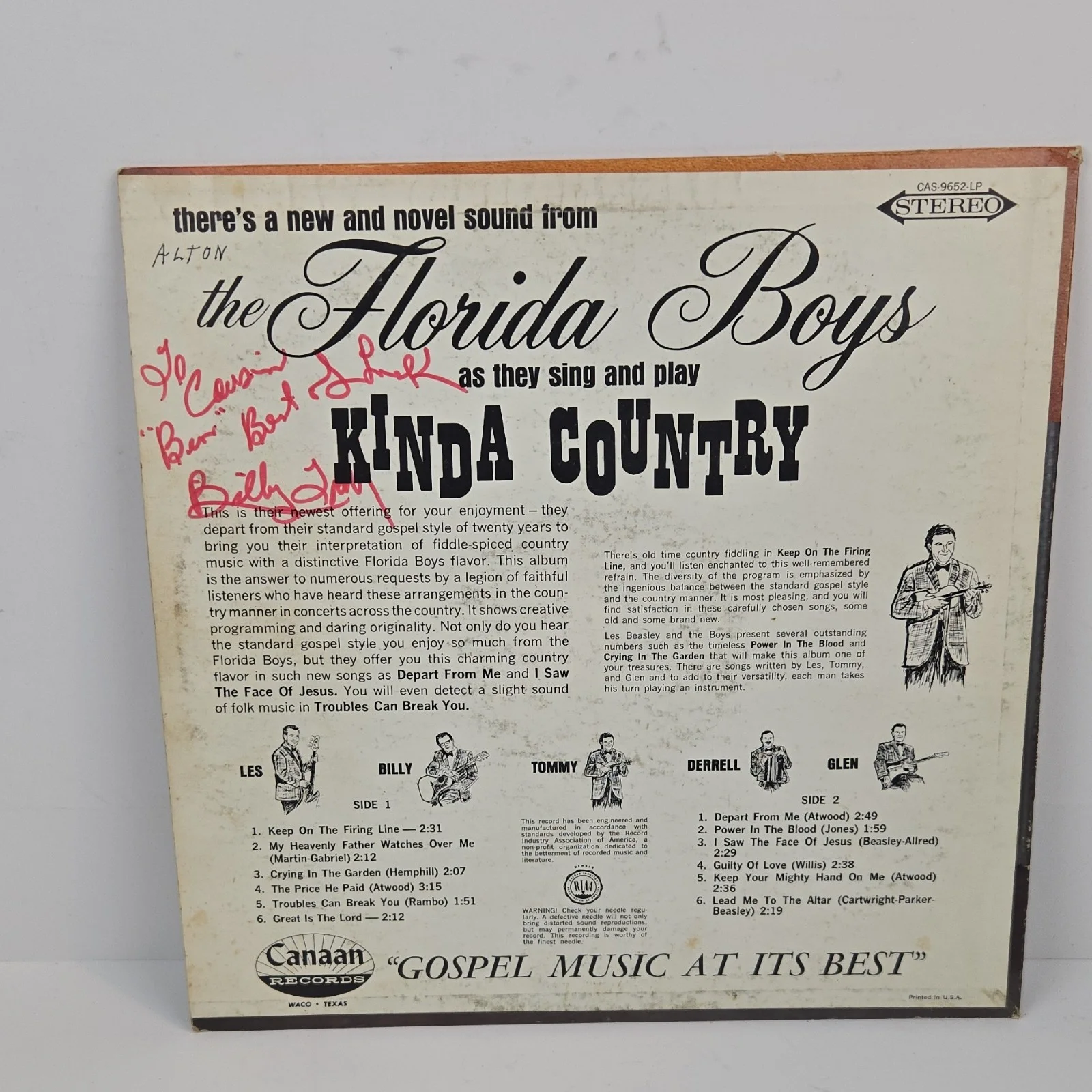 The Florida Boys Sing Kinda Country Vinyl Record Canaan CAS 9801-LP Autographed, изображение 2